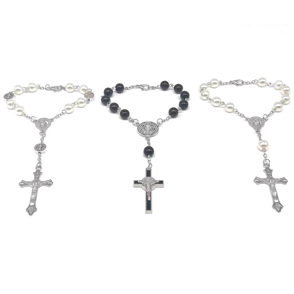 European And American Foreign Trade Cross-Border Hot Sales Black Glass Beads White Imitation Pearl Rosary Bracelet Drop Oil Cross Beaded Nine-Word Needle Curved Needle Bracelet Manufacturers Wholesale