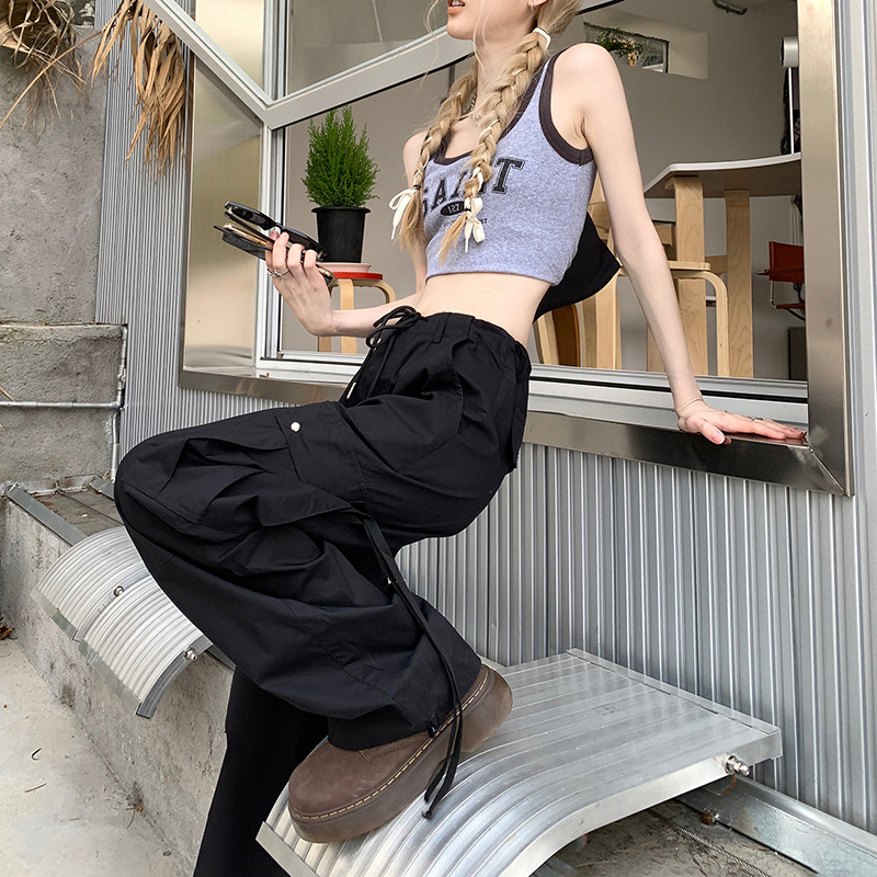 Black American Overalls Female Summer Thin Spice Girl High Waist Slim Loose Straight Leg Wide Leg Casual Sports Pants Specification drawing