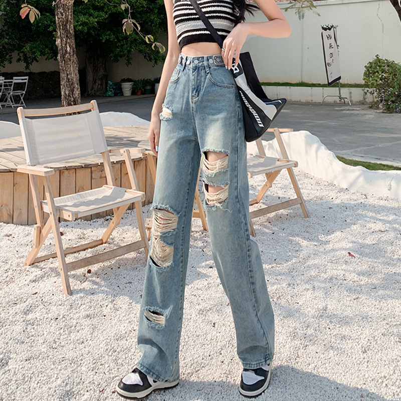 Wide-Leg Broken Pants Women Jeans Summer New High-Waisted Straight Leg Loose Slim Design Sense Small Nine-Point Pants details Picture
