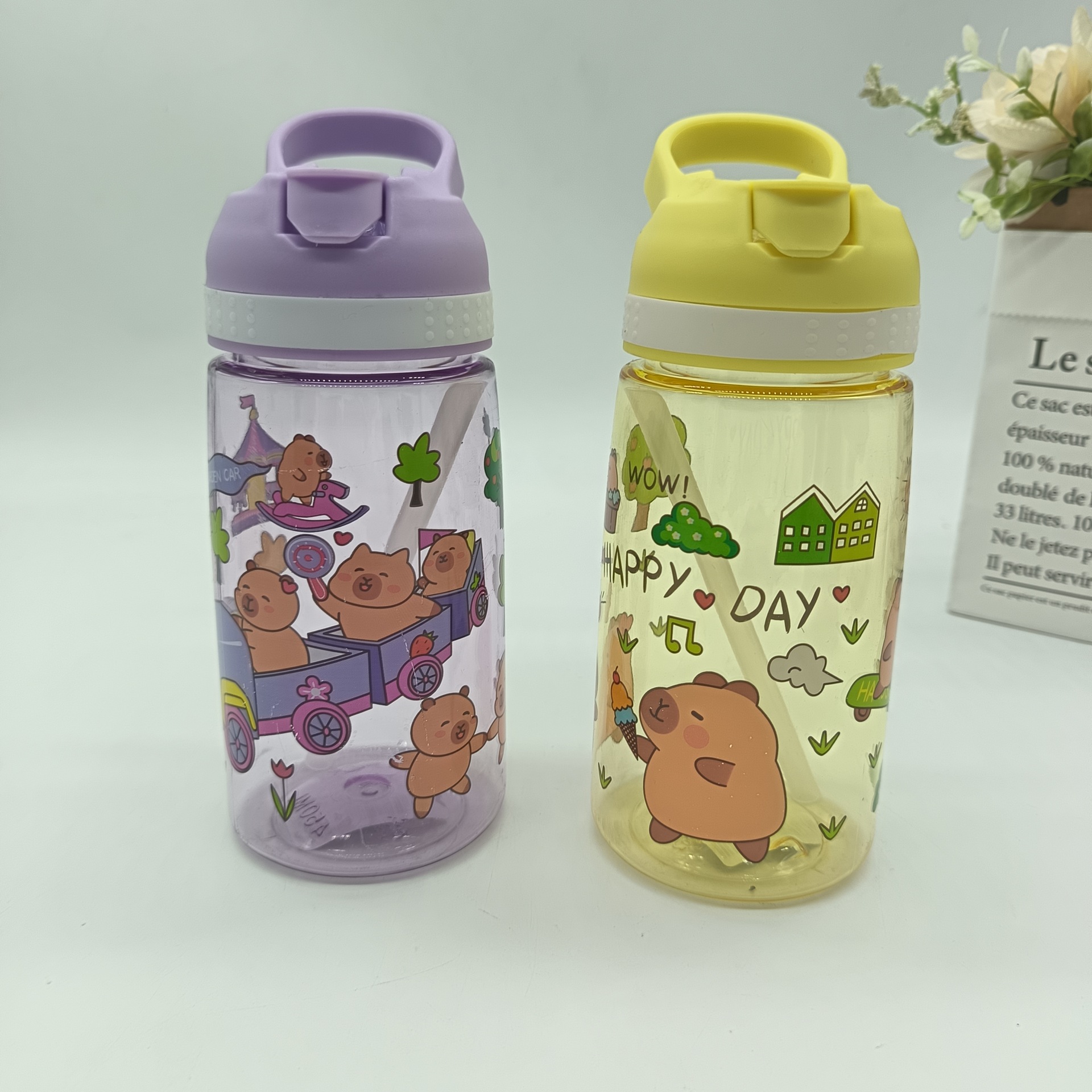 Portable straw cup 25 New model with high appearance level, cute double-drinking water cup with Capibara pattern, student and children's water cup full figure