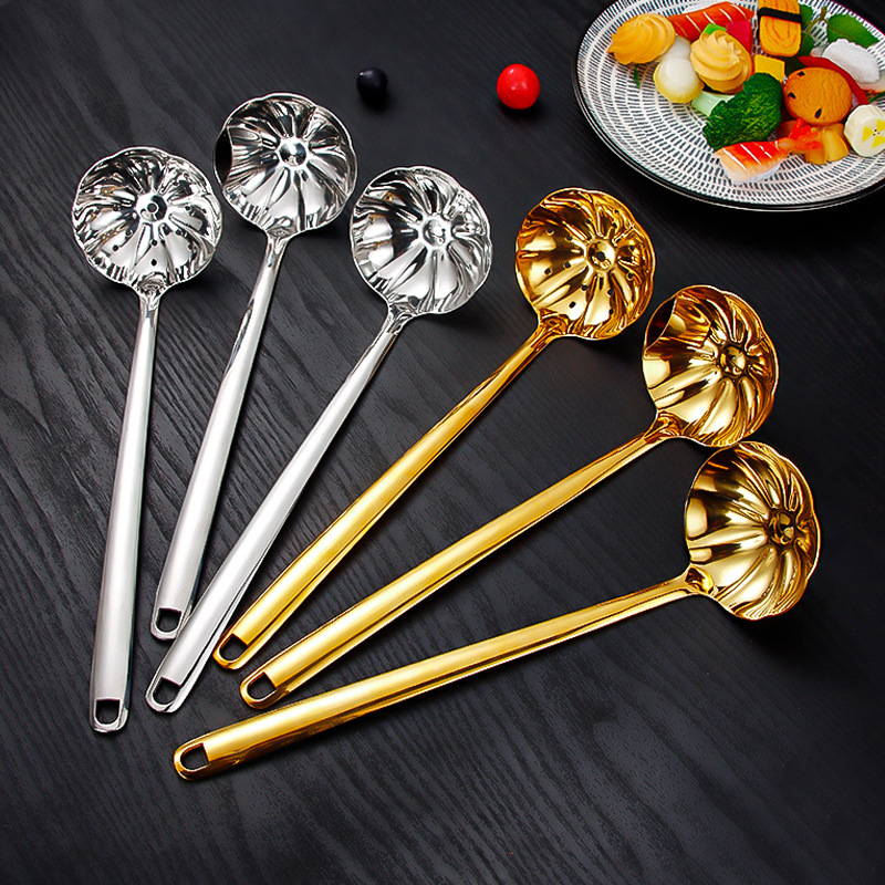 304 stainless steel soup spoon, soup strainer, thickened kitchen hot pot strainer, creative national trend lotus oil separator strainer Specification drawing