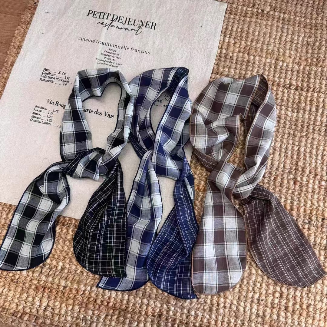 Cross-border bestseller 2025 New retro checkered slender long silk scarf, stylish and versatile small neckerchief and headscarf details Picture