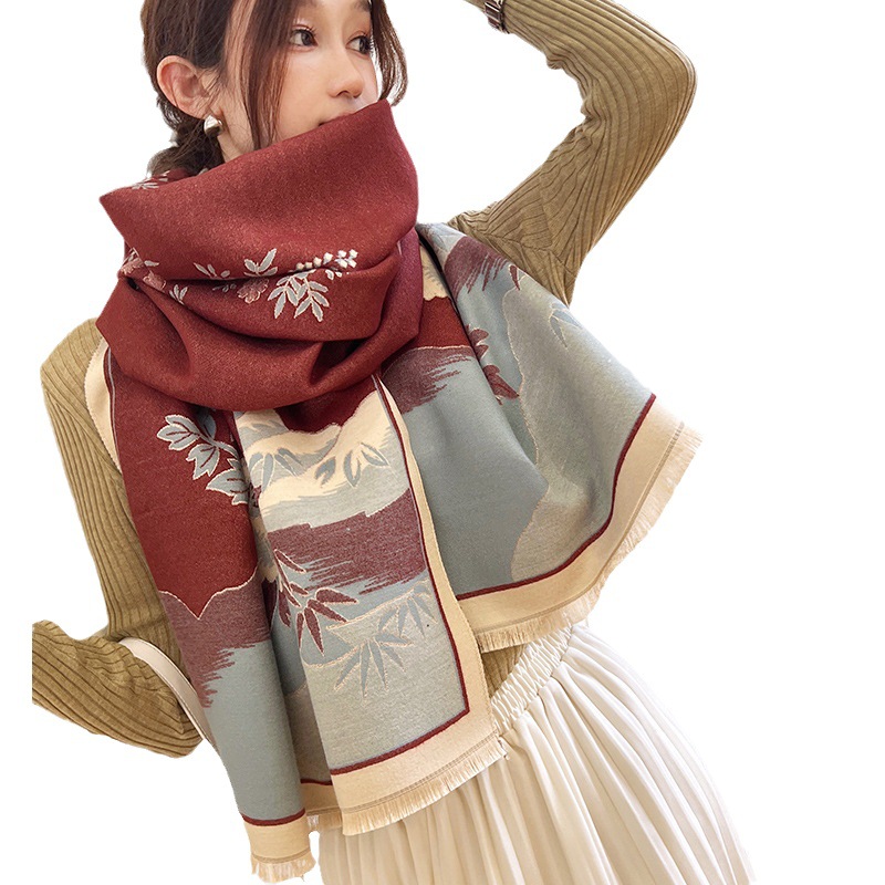 Autumn And Winter New Chinese Style Imitation Cashmere Scarf Women's Ink Painting Landscape Map Senior Sense Neck Thick Warm Shawl Item Picture