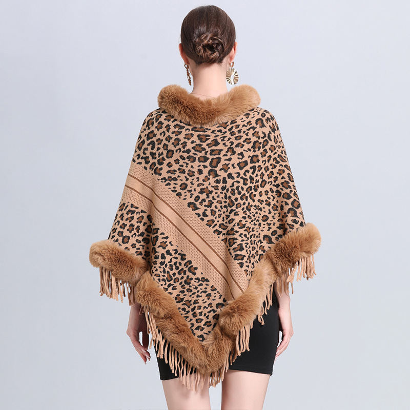 306# New Faux Rex Rabbit Fur Collar Cape Cape For Women Jacquard Fringe Knitted Pullover Plus Size Bat-Sleeve Cape Specification drawing