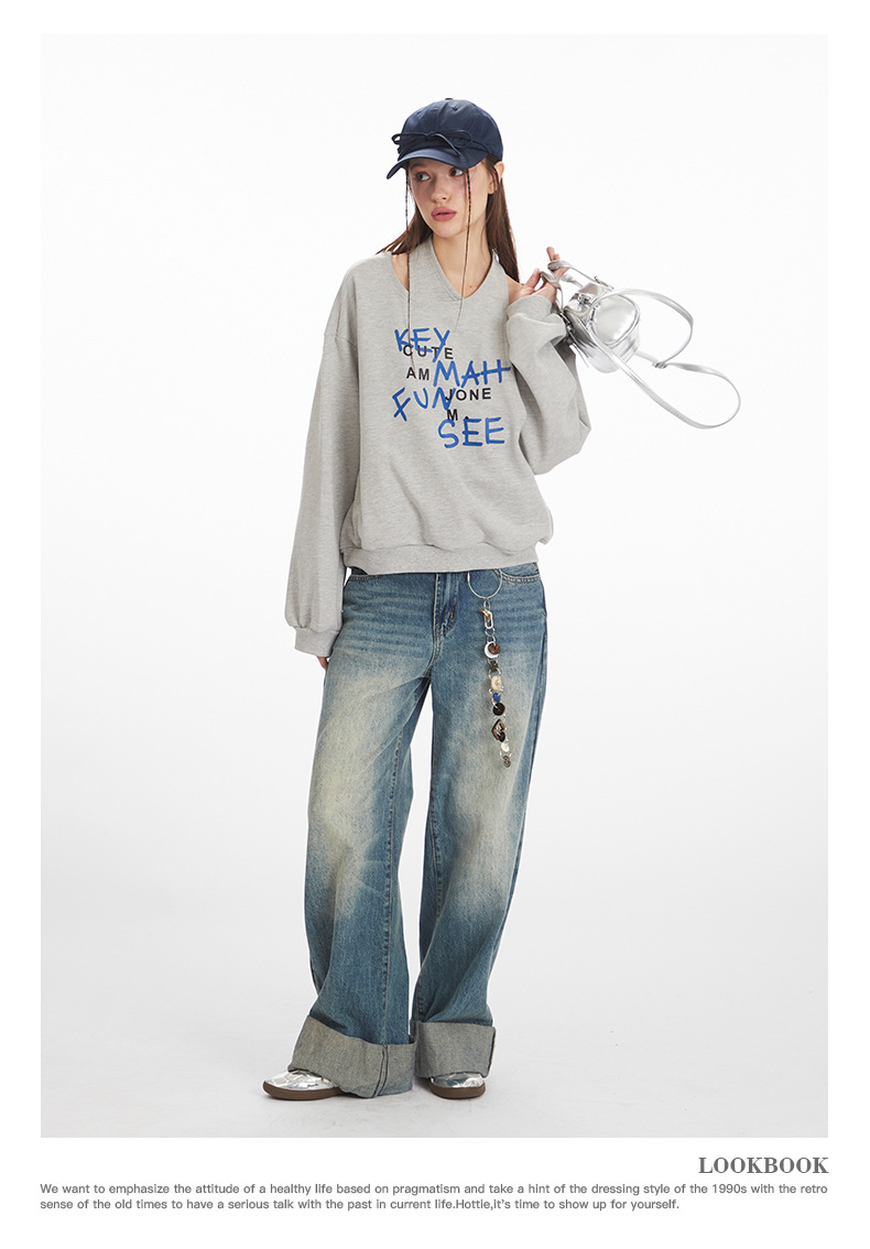 HeyHenry不规则设计感挂脖卫衣女秋季美式宽松一字肩套头辣妹上衣详情10