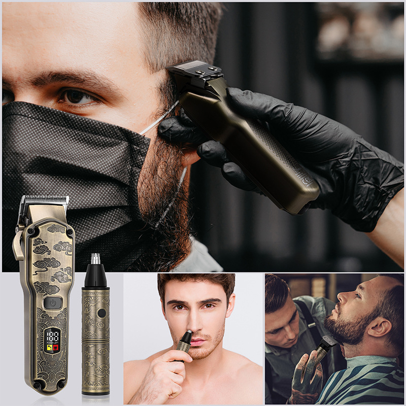 HATTEKER vintage electric hair clipper, men's oil-cut hair engraving electric clipper, nose hair trimmer, mother and child hair trimming set details Picture