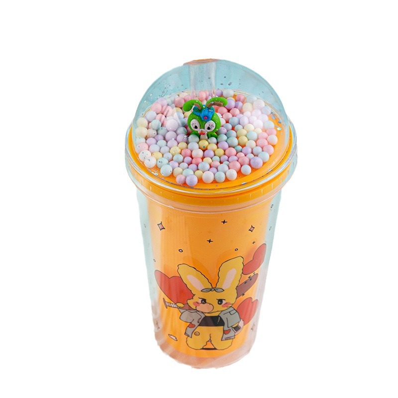 Cross-Border New Net Red Rabbit Cup High Appearance Level Cartoon Children's Milk Tea Straw Cup Double Plastic Water Cup Landscape Cup Item Picture