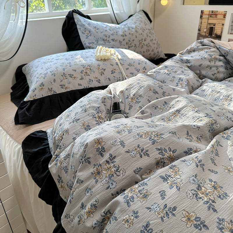 French romantic princess-style lace washed cotton four-piece set, small floral skin-friendly quilt cover, dormitory three-piece set, bed skirt style Specification image