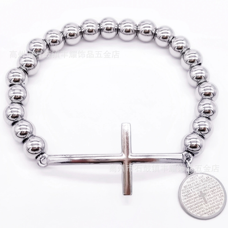 跨境热卖8mm不锈钢串珠加十字架弯牌手链圆珠手链diy弹力绳手链详情28