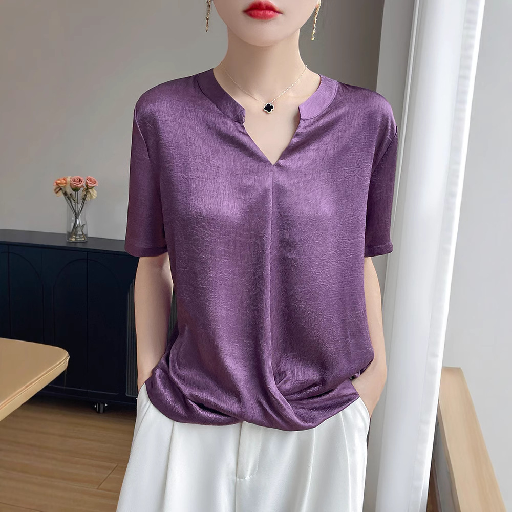 Women's summer high-end V-neck T-shirt, belt-covering shirt, acetate satin thin cross-style business plus-size short-sleeved top details Picture