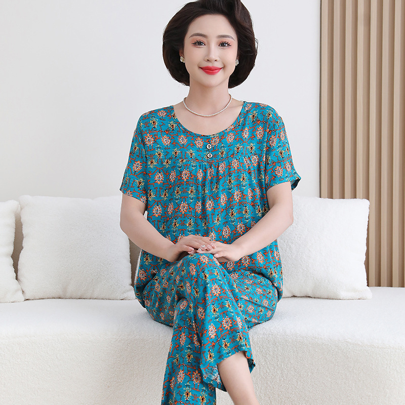 Summer 2024 new cotton silk pajamas for middle-aged and elderly women, light, casual and loose cotton silk home wear for mothers details Picture