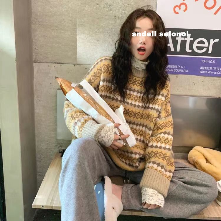 2022 Autumn And Winter New Korean Version Of Thick Sweater Women Loose Design Sense Knit Retro Pullover Casual Diamond Check Tide Application Scenario