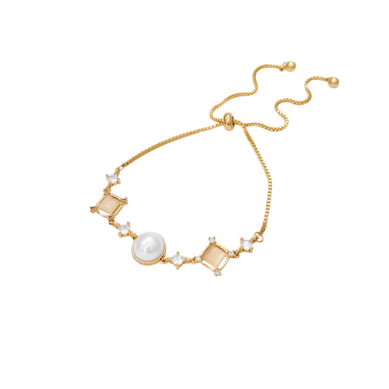 精致高级感镶锆石猫眼石几何方糖抽拉手链女简约百搭手环珍珠手饰白底实物图