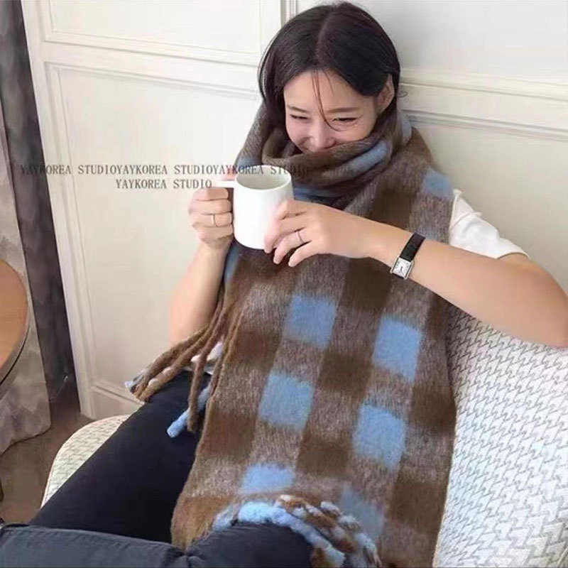 Yu Shuxin With Ac Scarf Autumn-Winter Imitation Cashmere Thick Shawl Mohair Bib Ins Check All Tide