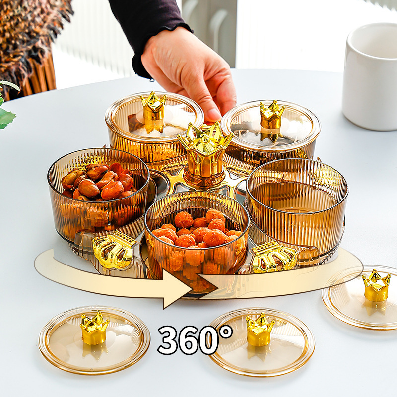 Rotating fruit plate for living room, 2024 new style dried fruit plate for home use, high-end light luxury candy box, nut snack gift box, Golden castle vase details Picture