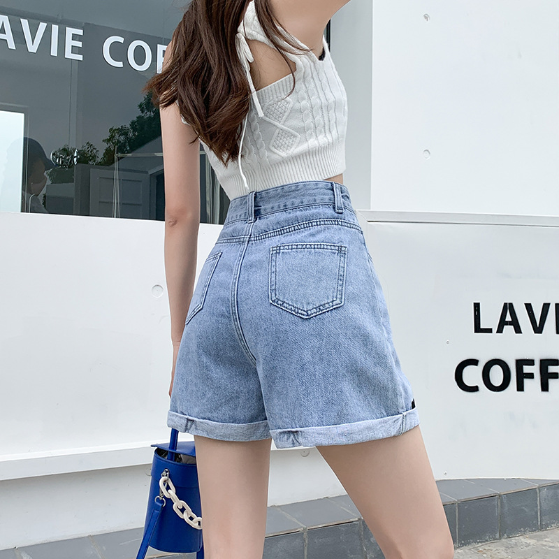 Double-button high-waisted denim shorts 2022 Summer new style Loose rolled A-line wide-leg slimming denim shorts for women details Picture