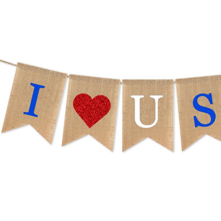The USA Independence Day party was decorated with burlap flags. The American Day party banner was decorated with triangular flags Item Picture