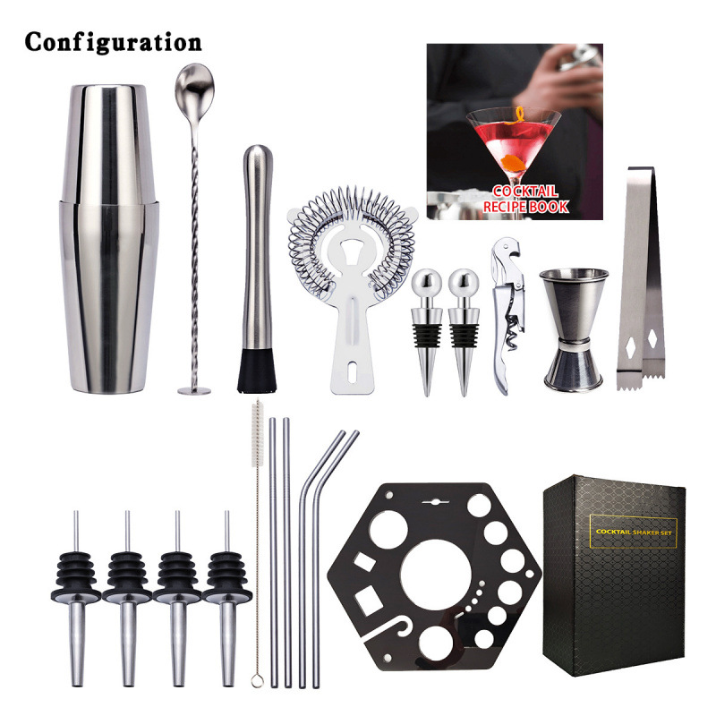New 19-Piece Stainless Steel Shaker Cocktail Set Rotating Hexagonal Acrylic Bar Set Specification drawing