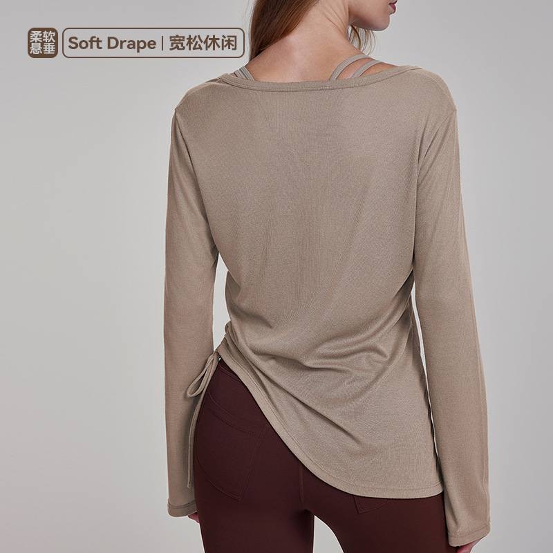 Ningbo Big Tree Yoga smock, long-sleeved, hip-covering women's pleated drawstring T-shirt, loose and casual autumn fitness yoga wear Application Scenario