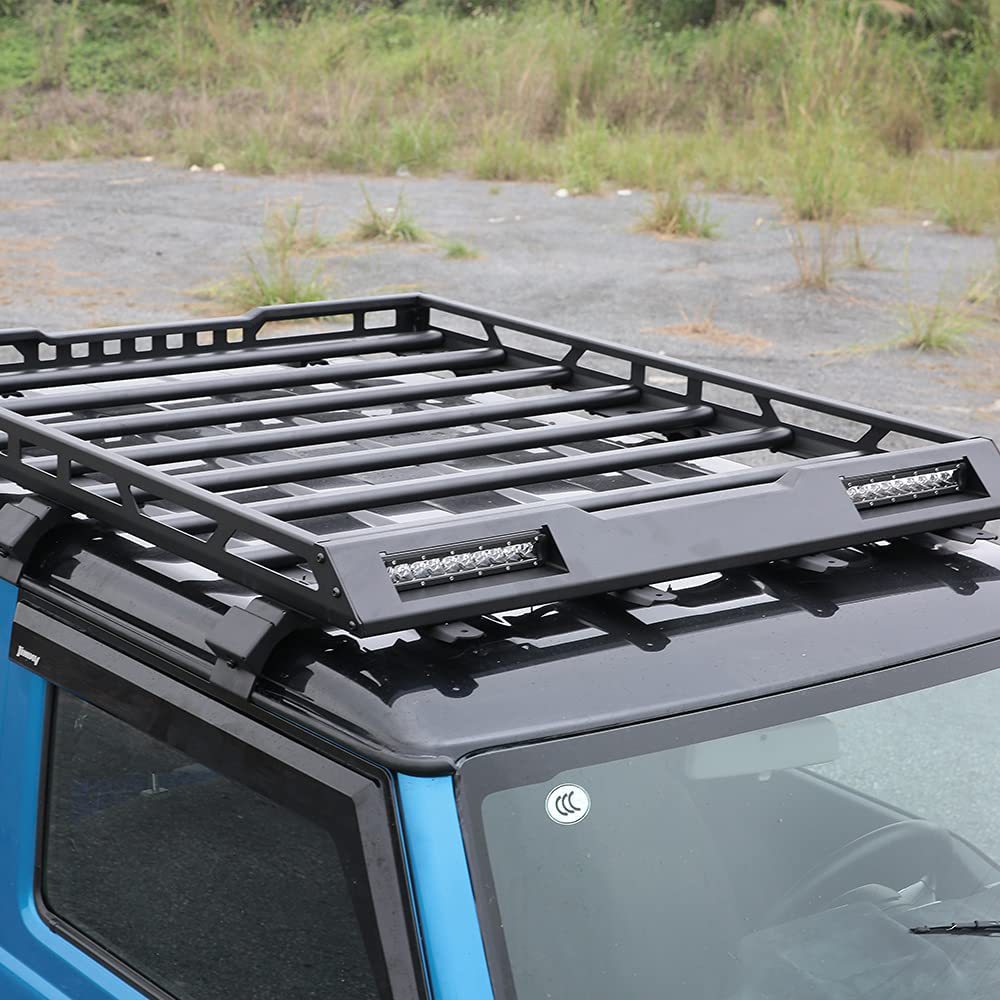 The new JB64 and JB74 Suzuki Jimny roof rack and luggage box are made of aluminum with light strips Specification image