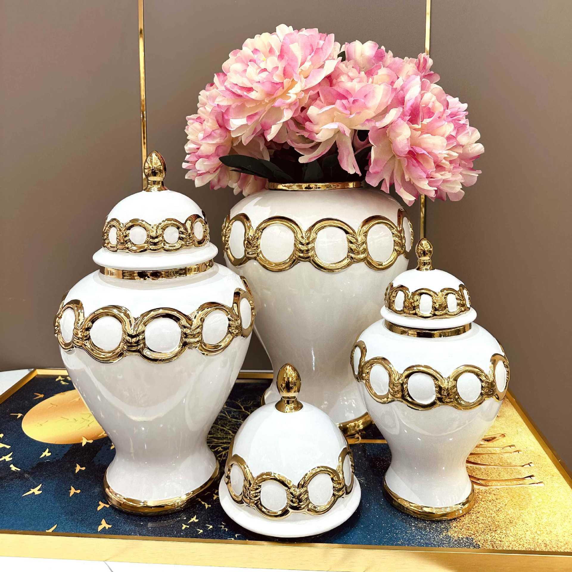 Storage tank soft decoration ceramic light luxury electroplating general tank European flower vase handicrafts decoration porch details Picture