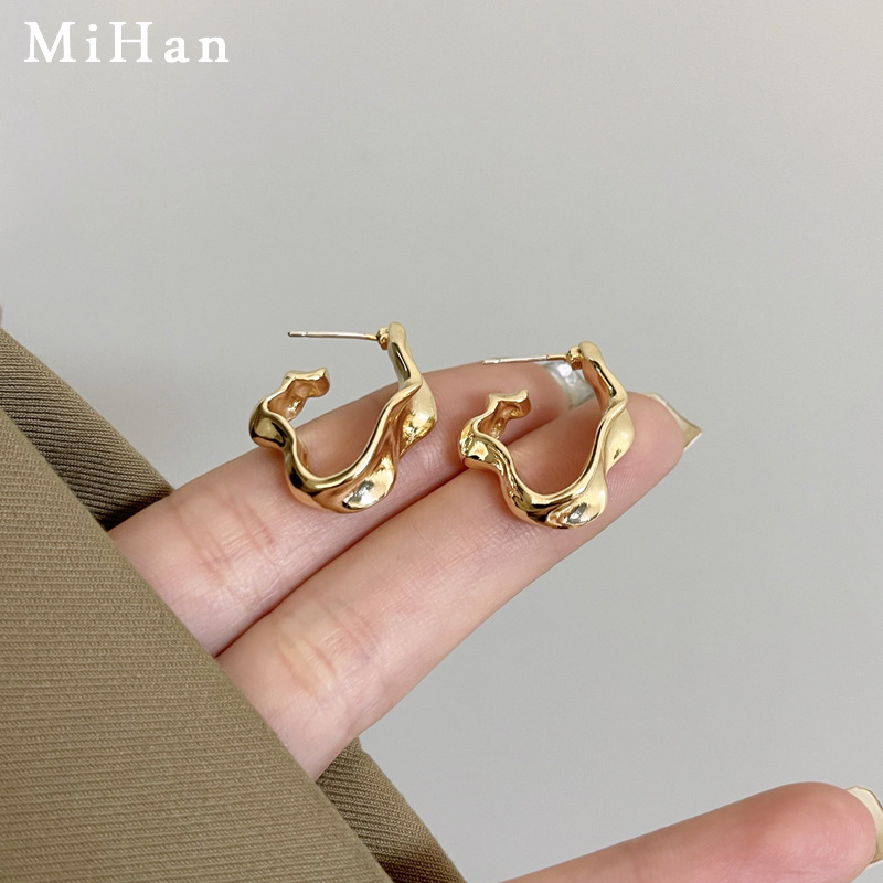 S925银针欧美不规则金属感耳钉嘻哈新潮耳环简约小众新款耳饰6418