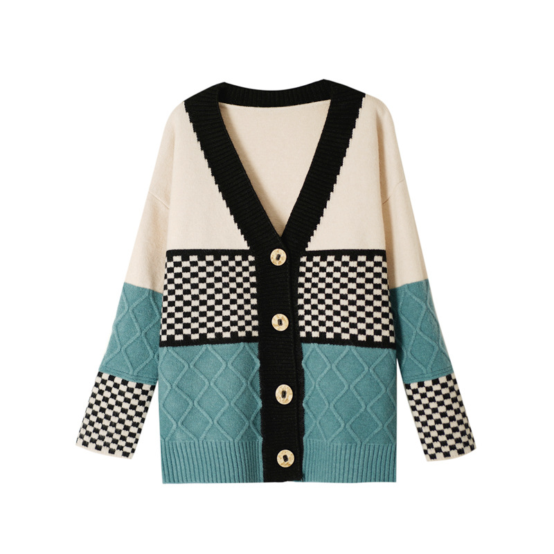The cardigan knitted coat is a new autumn collection for women, featuring a loose and artistic checkerboard pattern with V-neck and large size Item Picture