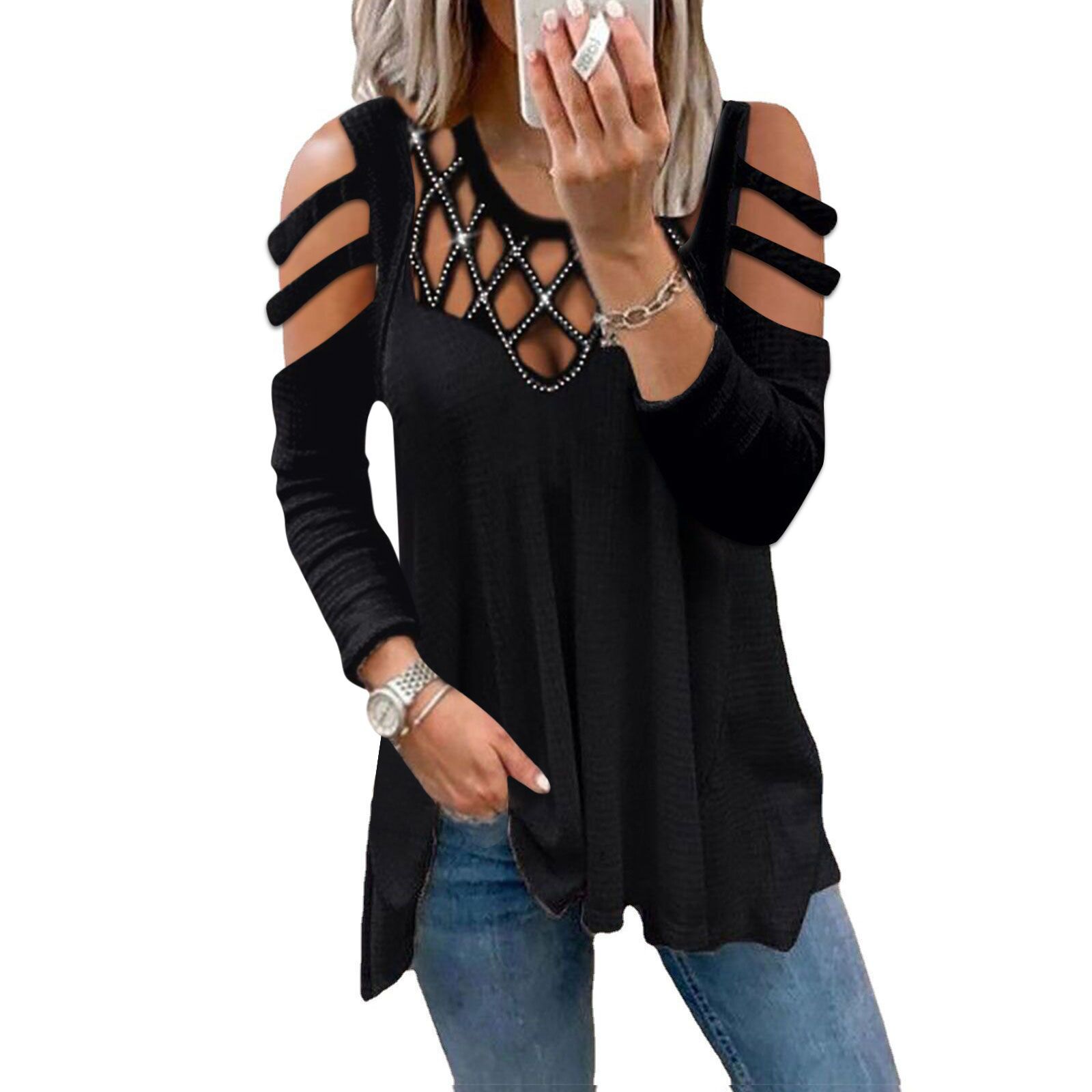 2022 Cross-border Autumn/Winter New independent Station fashion V-neck solid color off-the-shoulder cutout front chest hot diamond casual top women's T-shirt Item Picture