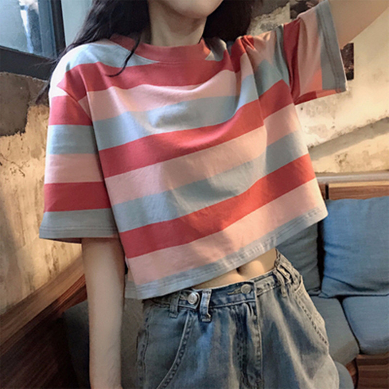 跨境外贸夏季新款韩版宽松彩虹条纹短袖T恤女学生短款露脐上衣 潮