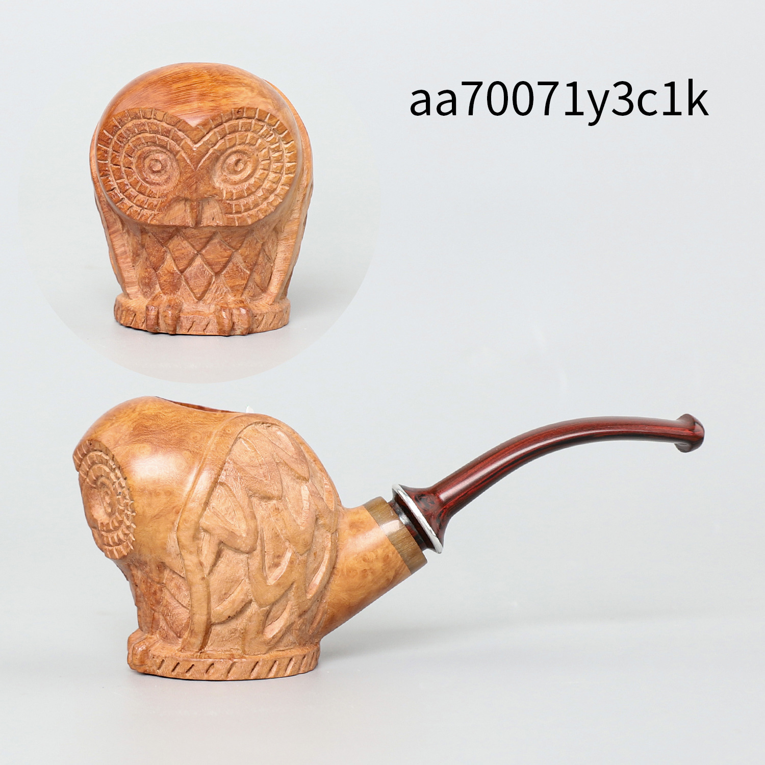 木香手工雕刻猫头鹰款实木烟斗硫坎伯兰烟嘴原木色石楠木烟斗