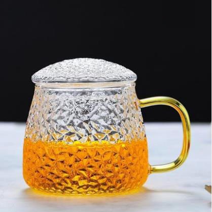锤纹高硼硅带盖玻璃茶杯 家用果汁牛奶水杯 玻璃彩把泡茶杯子