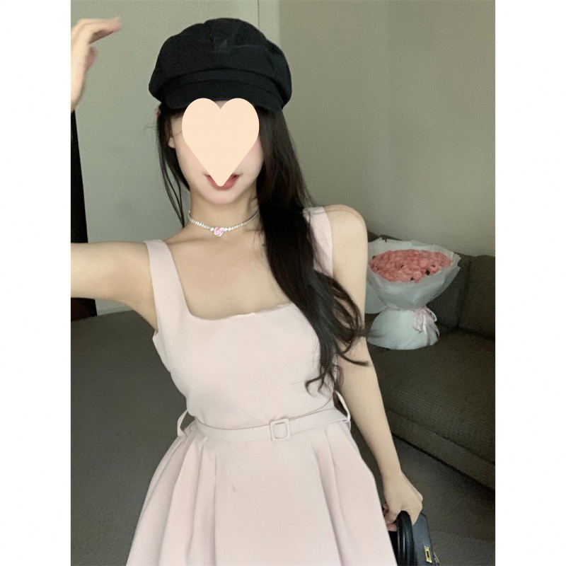 This is a new French solid color autumn dress with a cinched waist and slimming effect, featuring a noble lady style and a square-neck vest short skirt Specification image