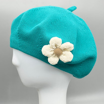 Three-dimensional flower pendant knitted beret female autumn and winter warm small fresh everything with lady lady pumpkin hat lady