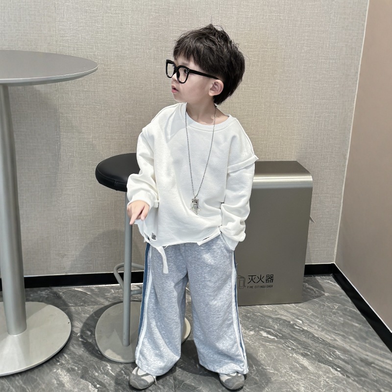 儿童打底衫男童T恤白色百搭破洞韩男孩卫衣春秋内搭宝宝秋装长袖