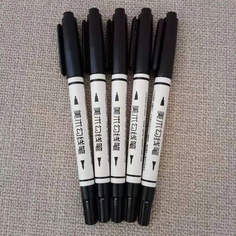 Wholesale of office water-based small double-headed marker pens, black painting art mark outlining pens, erasable construction site marking pens details Picture