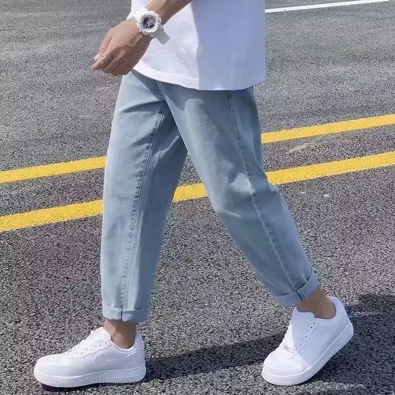 Autumn thin straight-leg loose jeans, men's trendy brand loose casual drawstring nine-inch pants, men's student Korean style, versatile Application Scenario