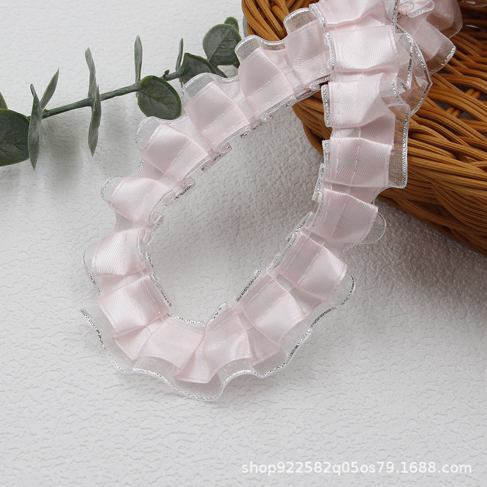 2.5cm double silver-edge gauze ribbon double-layer pleated lace diy dance bag clothing workwear accessories lace material