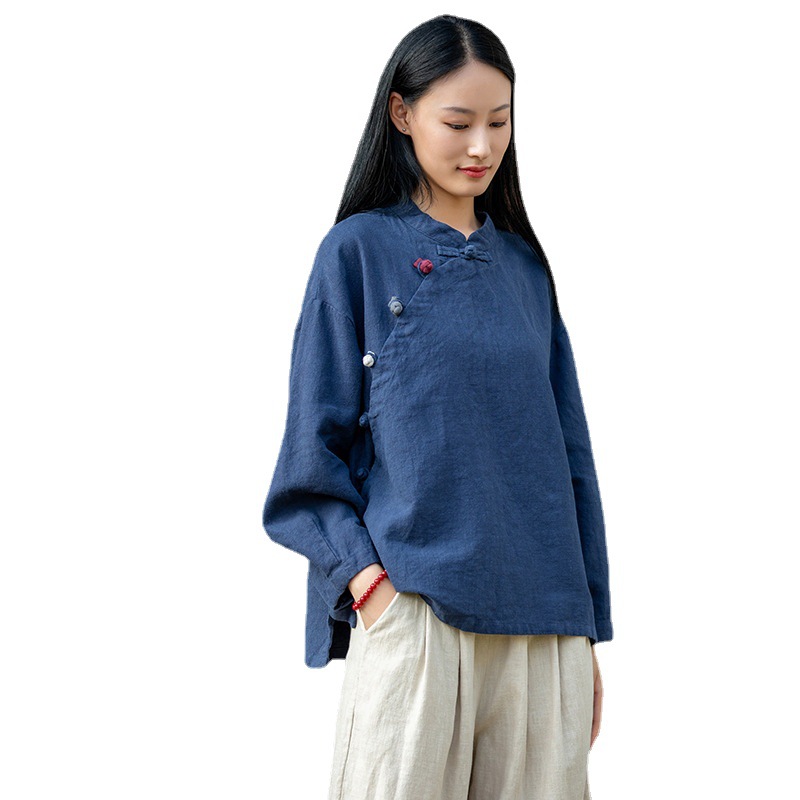 2023 Autumn New Retro National Style Color Plate Buckle Stand Collar Sand Washed Ramie Shirt Shirt Work Dress Women's Tea Item Picture