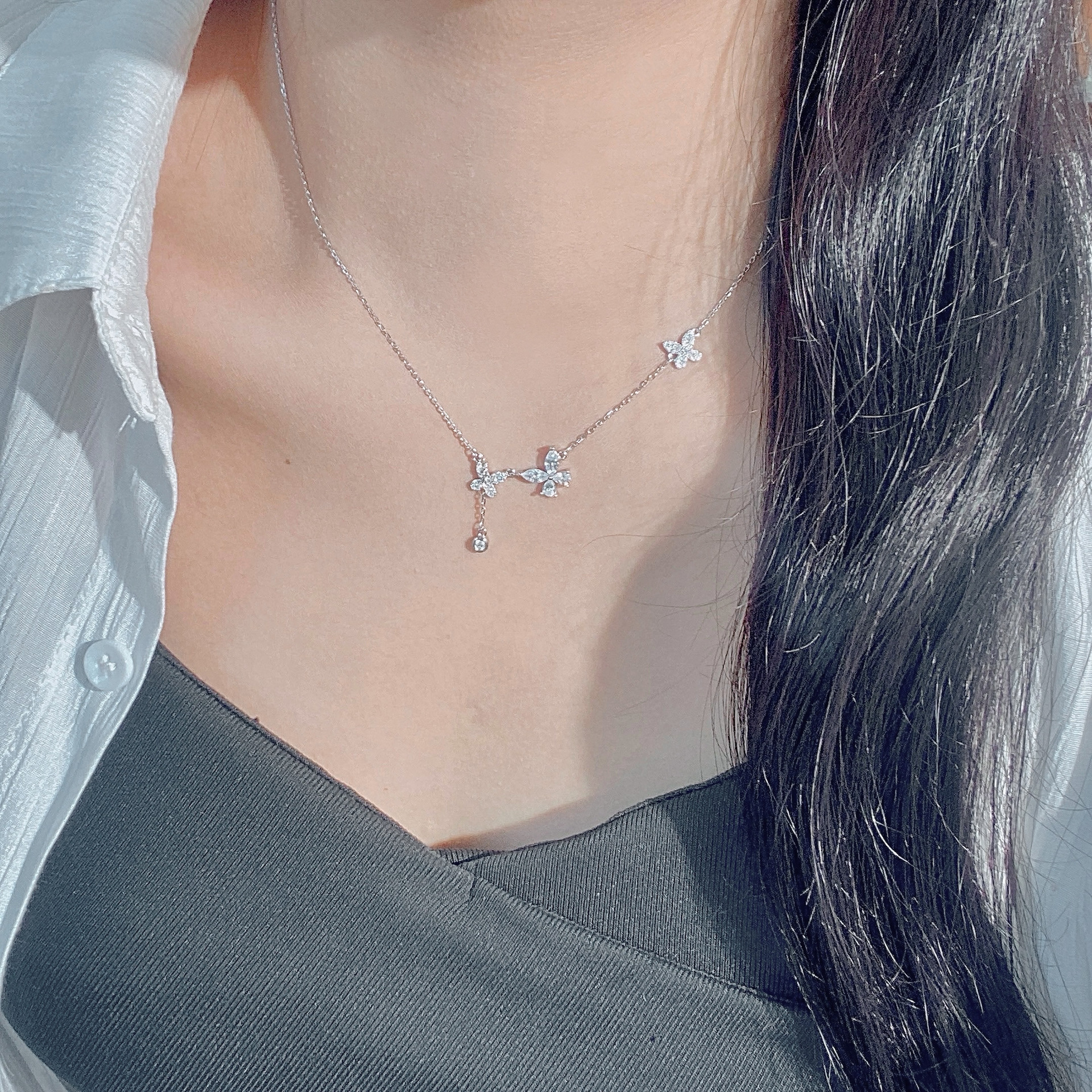 满镶蝴蝶流苏项链女S925纯银轻奢小众设计感锁骨链七夕礼物送女友详情7