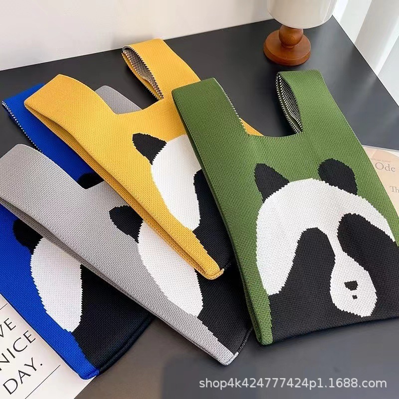 可爱熊猫手提包女针织毛线水桶包日韩版百搭手拎休闲托特包盒饭袋图