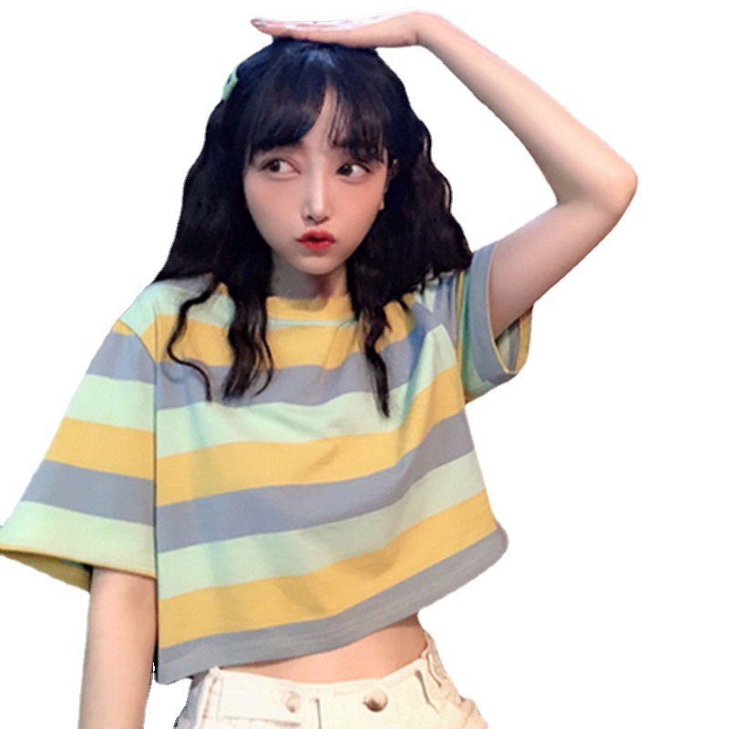 Cross-Border Foreign Trade Summer New Korean Version Of Loose Rainbow Striped Short-Sleeved T-Shirt Female Students Short Crop Top Tide Item Picture