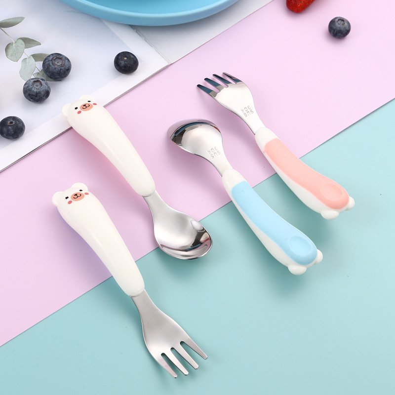 304不锈钢勺子叉子高颜值训练勺卡通勺叉塑料柄便携儿童餐具套装详情图3