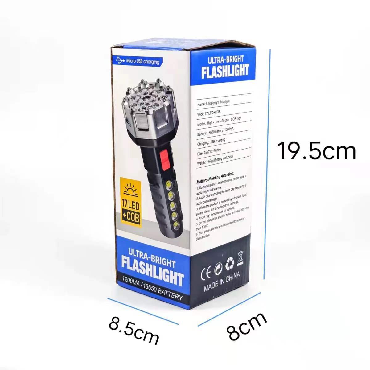 New high-intensity flashlight, 11-lamp LED high beam, USB charging COB side light, portable battery level display searchlight Specification image