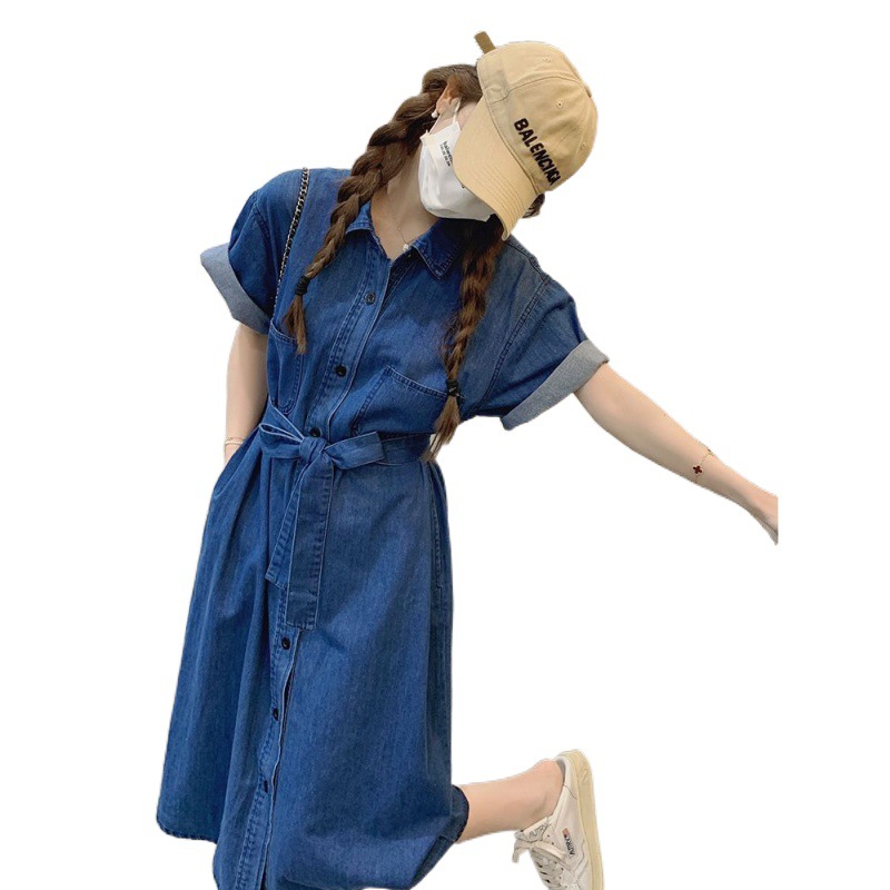 Retro denim dress for women 2023 new summer, thin French style, waist-cinching and slimming shirt MIDI dress Item Picture