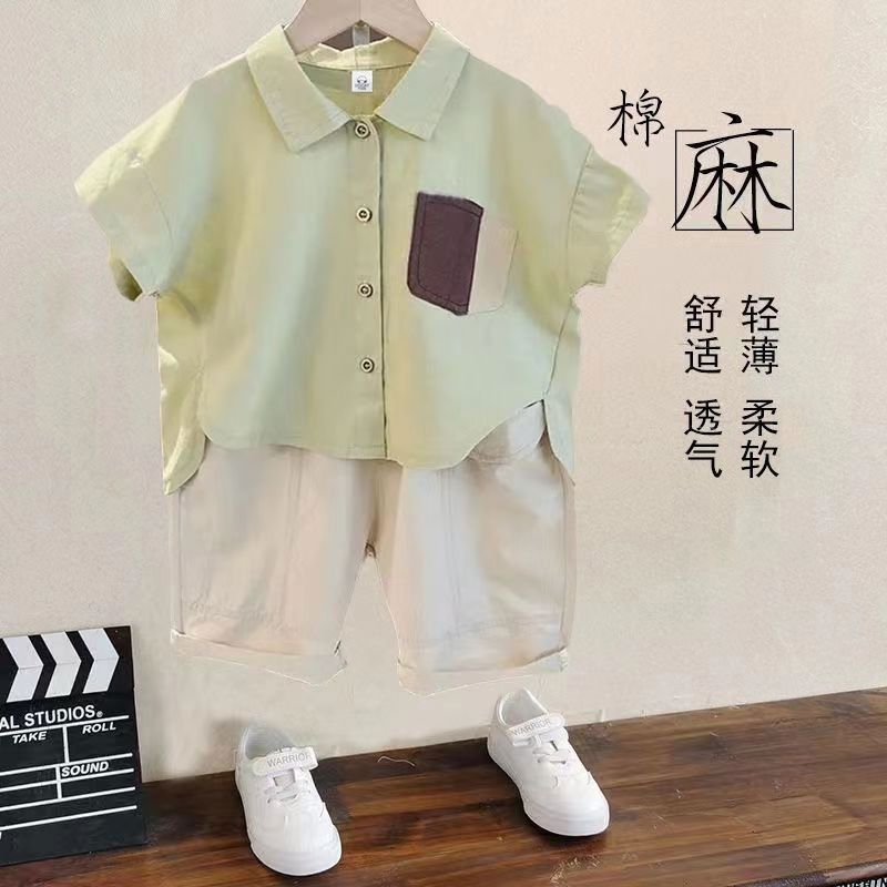 Boys' shirt set 2023 Summer New Style, cotton and linen short-sleeved shirt for boys, stylish and trendy details Picture