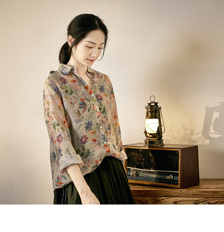 Artistic and versatile long-sleeved printed shirt for women, 2022 Spring and Autumn new large-sized Tense ramie casual top, Trendy 9975 Specification image