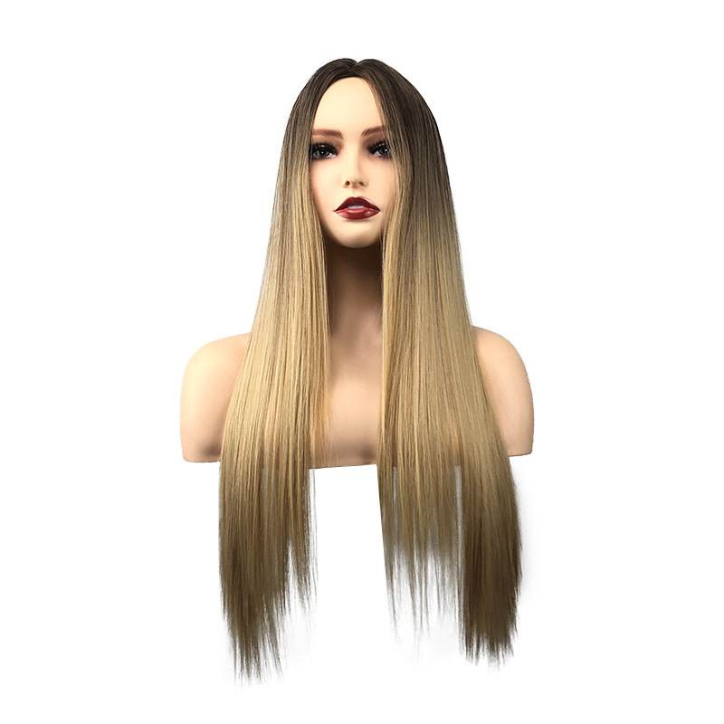 Aliexpress Foreign Trade European and American new blonde blonde matte silk gradient gold long straight hair rose net wig cover