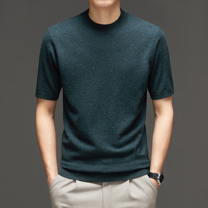 Spring fine-spun wool men's short-sleeved round-neck solid-color T-shirt pullover, a thin and versatile knitted top for young people details Picture