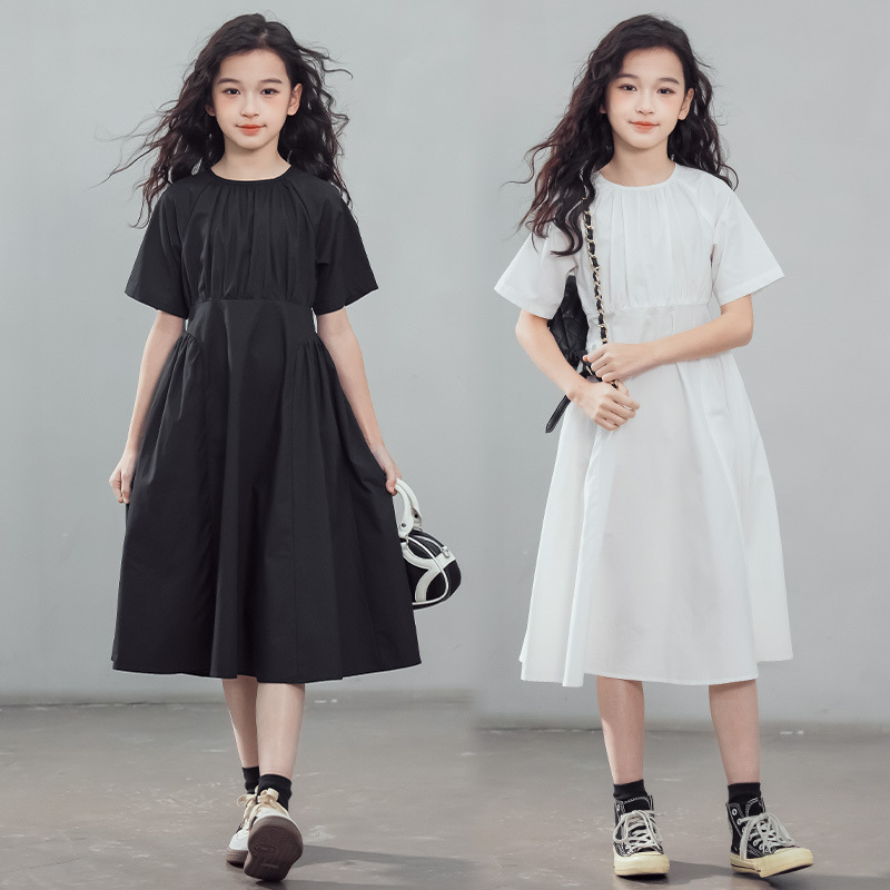 一件代发女童白色连衣裙夏季新款中大童亲子装收腰中长款洋气裙子