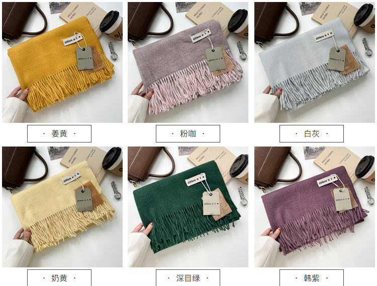 新款300克纯色仿羊绒围巾女冬季高级感 爆款百搭羊绒手感流苏披肩详情19